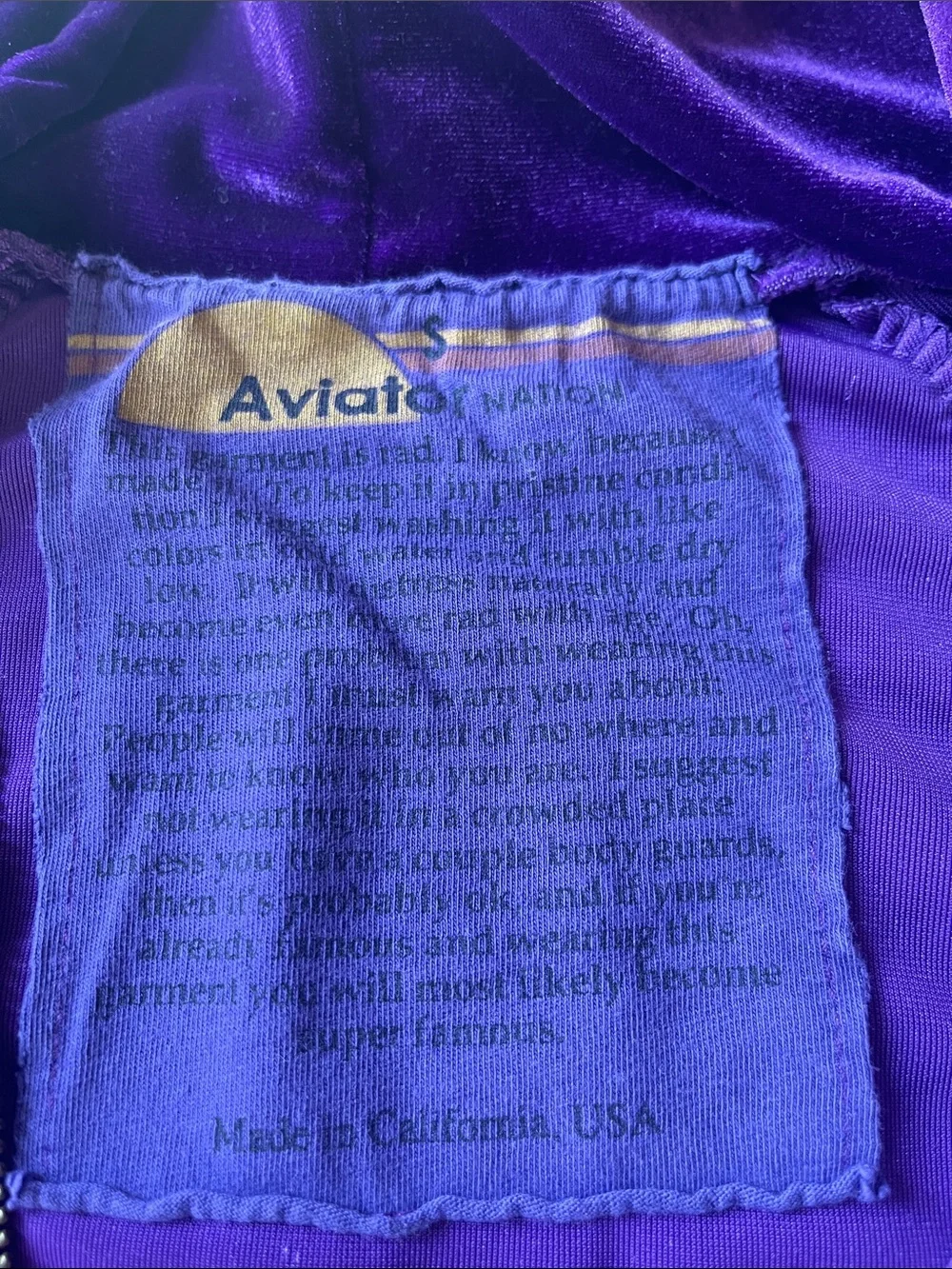 Aviator Nation Purple Velvet Zip Hoodie with Rainbow Sleeve Stripes - Picture 3 of 3